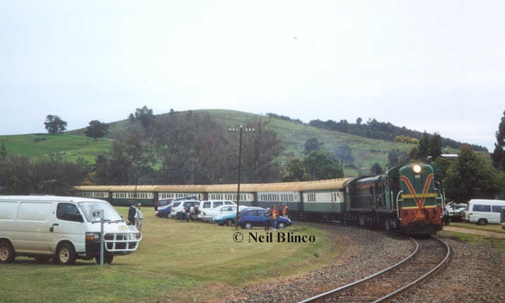 The Balingup Medieval Tulip Festival Explorer has just arrived in Balingup and stands whilst the passengers disembark the train
