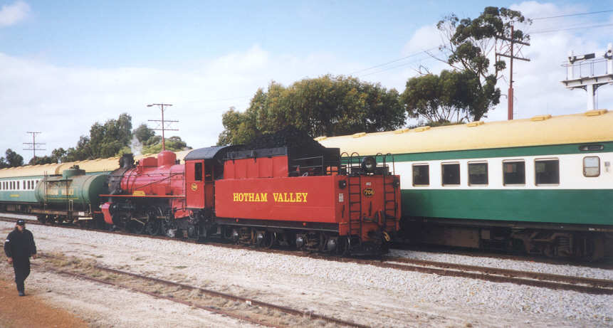 After shunting the tanker to the smokebox end and coaling, Pm 706 steams out of Goomalling Yard heading for Avon Yard to be turned on the turntable where it will rejoin the train which was hauled back to Avon by C1703.                            �Photo by N Blinco