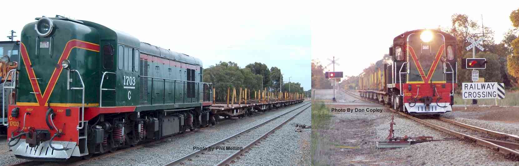 On left - C1703 at Narngulu with Rail Train - Photo By Phil Melling ---- On right - C1703 Hurries its train towards Midland across the Brand Hwy near Muchea - Photo by Don Copley